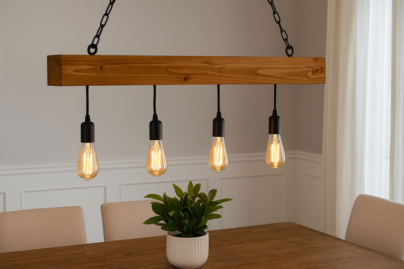 A beautifully finished DIY Edison bulb chandelier hanging over a dining table