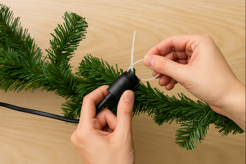 Building a DIY Holiday Garland A step-by-step image showing a string light cord being attached to a pine garland with a zip tie