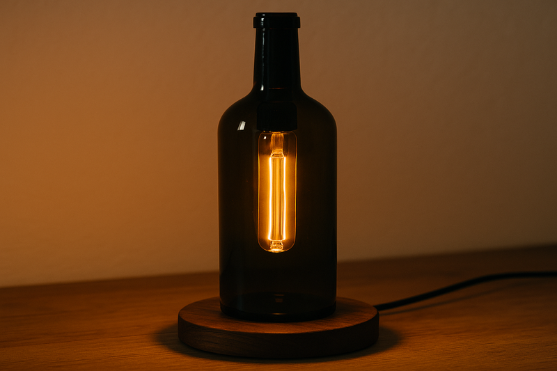 A finished DIY wine bottle lamp with a T30 Edison bulb glowing softly