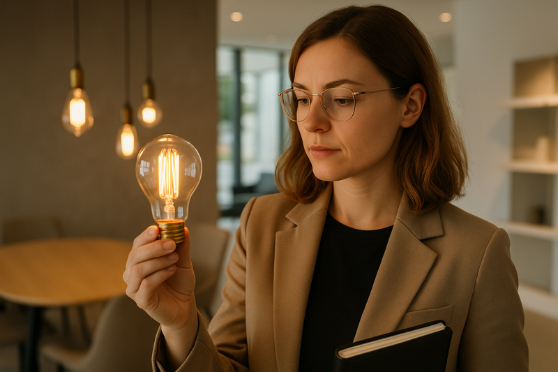 A designer carefully examining an LED Edison bulb in a showroom