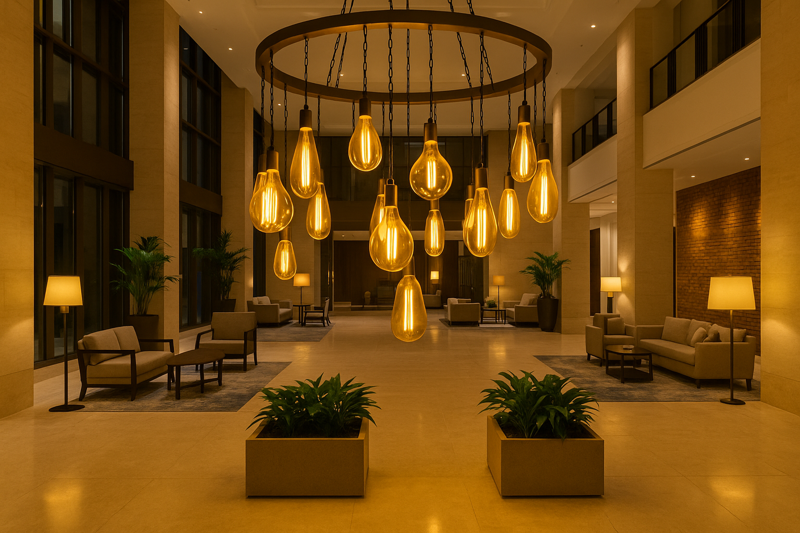 A luxurious hotel lobby in Dubai featuring a chandelier with oversized, gold-tinted Edison bulbs