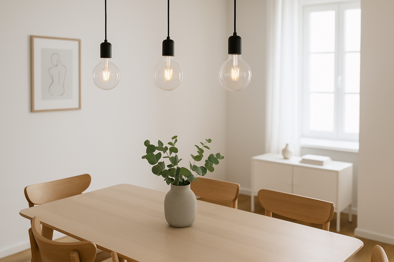 A minimalist Scandinavian dining room with clean, clear-glass G95 Edison bulbs