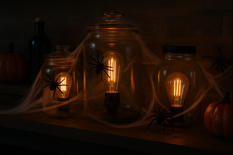Spooky Halloween Jars with Edison Bulbs A dimly lit shelf with "mad scientist" jars containing glowing Edison bulbs and fake spiders