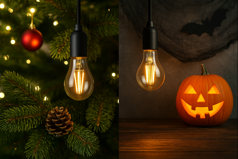 Holiday Decor with LED Edison Bulbs A festive scene showing Edison bulbs used in both Christmas and Halloween settings