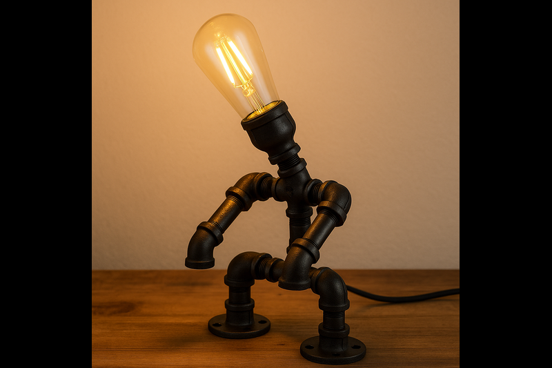 An industrial-style lamp made from black iron pipes with an ST64 bulb