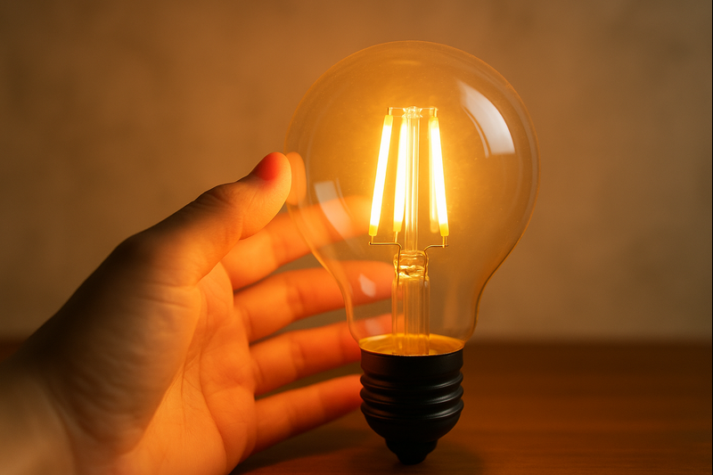 Safe to Touch LED Edison Bulb A hand comfortably touching a glowing LED Edison bulb, demonstrating its low heat