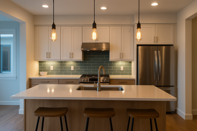 A kitchen with different layers of light, including pendant Edison bulbs over the island