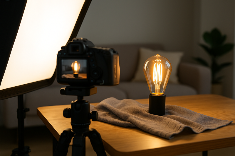 A behind-the-scenes shot of a product photoshoot for an Omita bulb