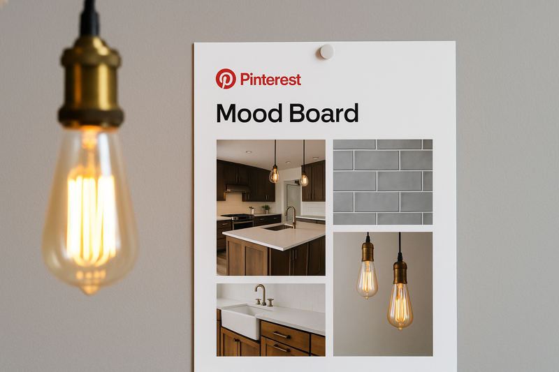 A Pinterest mood board for a kitchen renovation featuring Edison bulbs
