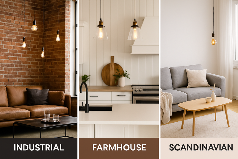 A collage of three styles: Industrial, Farmhouse, and Scandinavian interiors