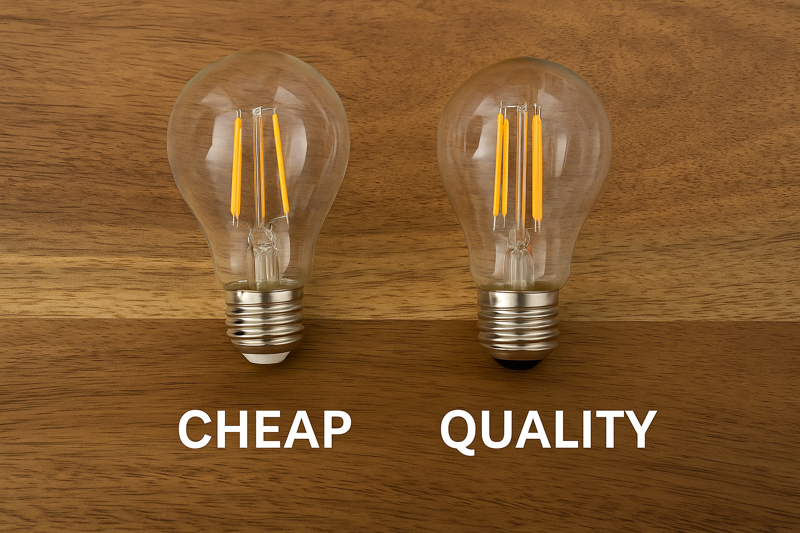 A side-by-side comparison of a cheap vs. a quality Omita LED filament