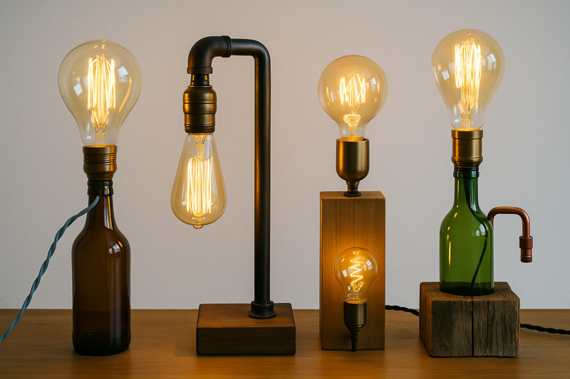 A collection of unique upcycled lamps made from bottles, pipes, and wood