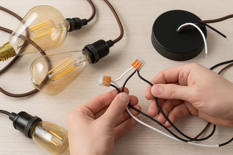 A close-up view of wires being connected together with lever-nut connectors