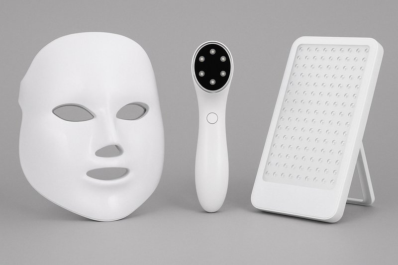 A collage of different at-home phototherapy devices: a face mask, a handheld wand, and a panel, all looking sleek and modern.
