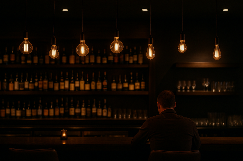 Using Dimming to Control Glare in a Bar A bar area where G95 Edison Globe bulbs are hung high above the sightline, dimmed to a soft glow, providing ambiance without causing glare for seated patrons.