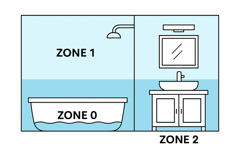 Bathroom Electrical Safety Zones A simple diagram of a bathroom showing Zone 0 (in tub), Zone 1 (above shower), and Zone 2 (vanity/general area) clearly marked.