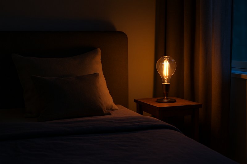 A beautifully serene bedroom at dusk, with a warm, glowing Edison bulb in a bedside lamp casting a gentle light