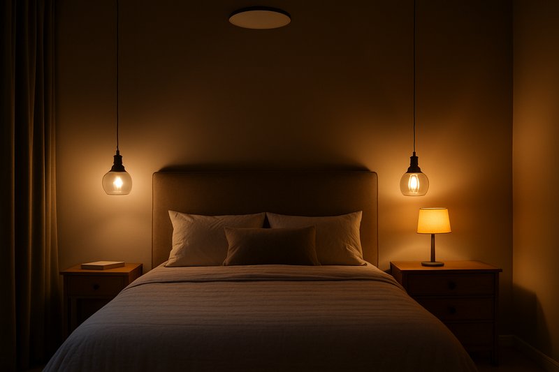 Layered Lighting in a Bedroom A stylish bedroom with layered lighting: two hanging pendants over the nightstands and a small lamp on a dresser, with the main ceiling light off.