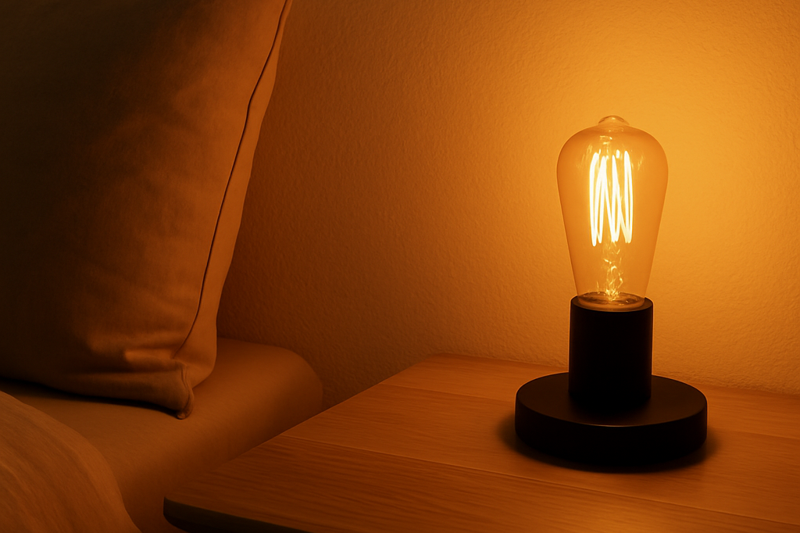 Warm Edison Bulb Light in a Bedroom A close-up of a bedside table in a small bedroom, where a single Edison bulb on a simple base casts a warm, relaxing glow on the wall.