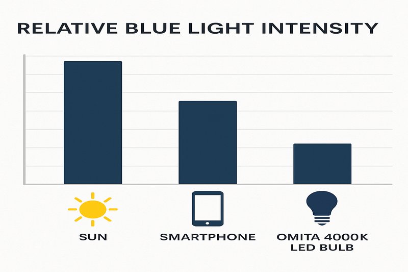 Comparing Blue Light Sources A simple bar chart graphic comparing the relative blue light intensity from the sun, a smartphone screen, and a standard Omita 4000K LED bulb, showing them to be in a similar, safe range.