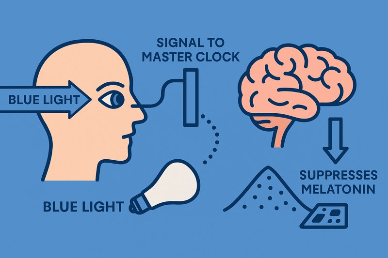 A simple diagram showing blue light entering the eye and sending a signal to the brain's "master clock," which then suppresses melatonin production.