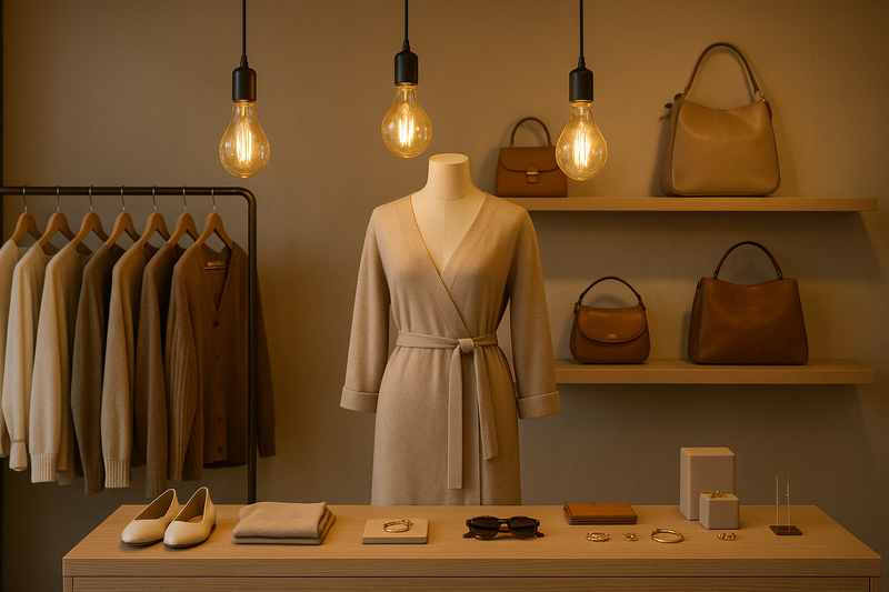 A beautifully lit retail display in a clothing boutique, where Omita Edison bulbs on pendants highlight a mannequin and a curated collection of accessories