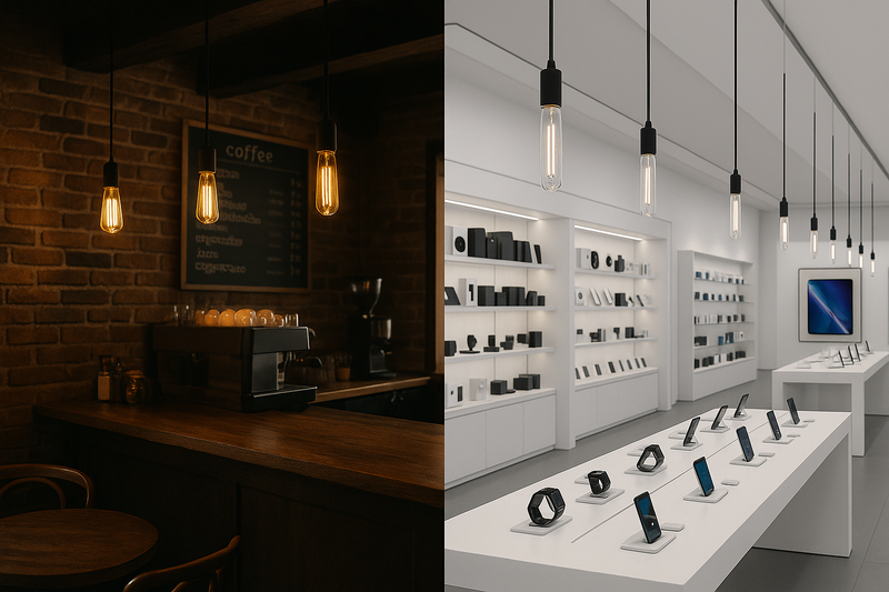 Matching the Bulb to the Brand Identity Split-screen image: On the left, a rustic coffee shop with amber Omita ST64 bulbs. On the right, a modern tech store with clear Omita T30 bulbs.