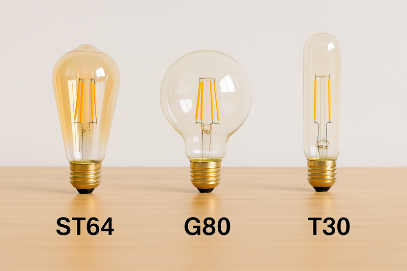 A lineup of different Omita bulb shapes - ST64, G80, T30 - showing their relative sizes for comparison