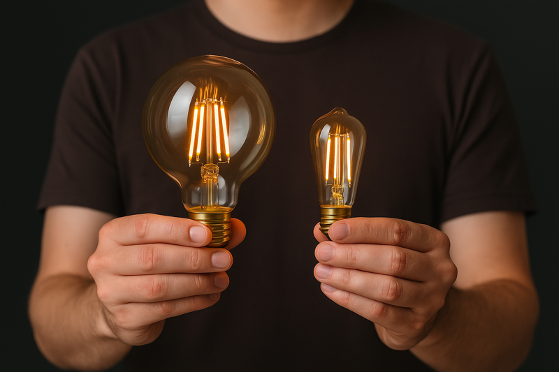A photographer holding a large G125 Globe Edison bulb next to a smaller ST64 bulb to show the size difference