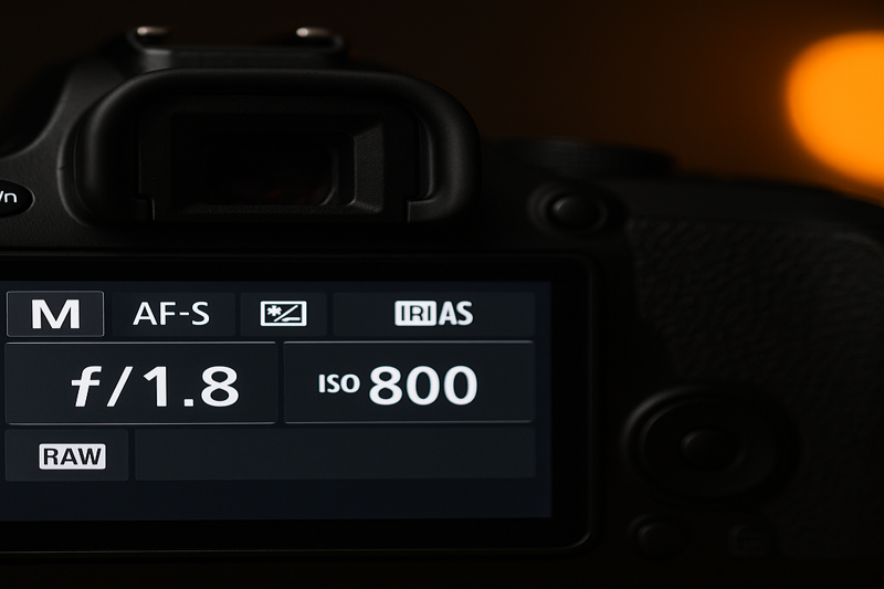 A close-up of a camera's LCD screen showing ideal settings for low-light portraiture: f/1.8, 1/125s, ISO 800.