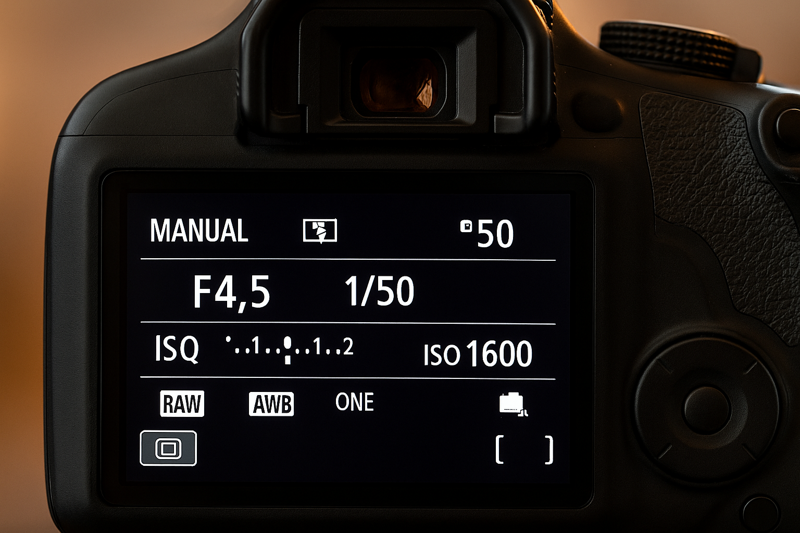 Camera Settings for Food Photography A photo of a camera's LCD screen displaying manual settings ideal for food photography with warm light.