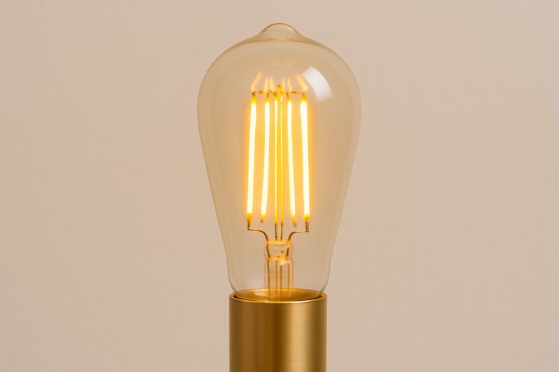 The Edison Bulb as a Design Element A close-up shot of a glowing ST64 LED Edison bulb in a simple brass socket