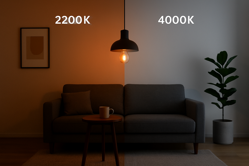 The Critical Impact of Color Temperature A split image showing the same room. On one side, it's lit with a 2200K amber Edison bulb, creating a cozy mood. On the other side, a 4000K cool white bulb makes the room feel sterile.