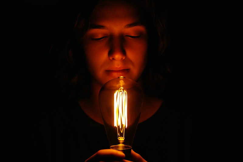 An artistic night portrait where the subject is holding a glowing Edison bulb, which is the main source of light.