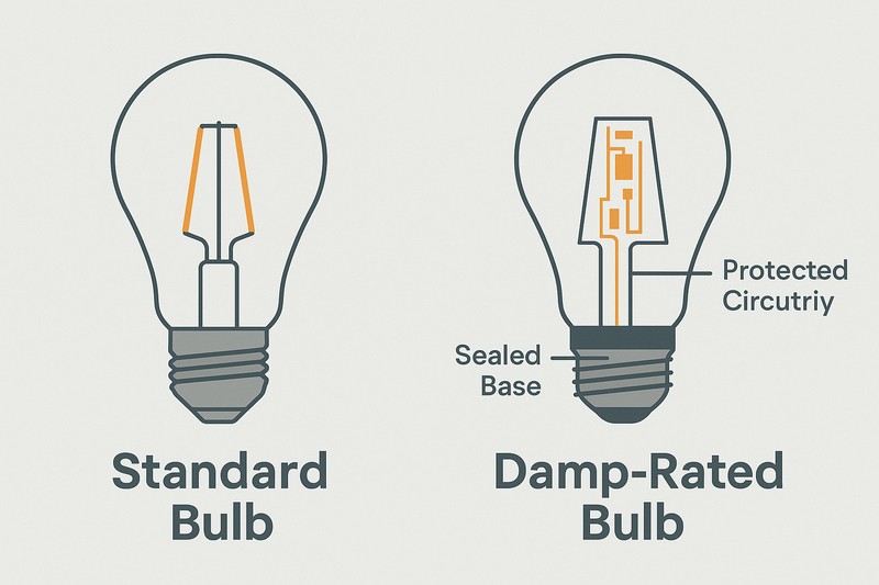 Damp-Rated Bulb Construction A graphic showing a cross-section of a standard bulb vs. a damp-rated bulb, highlighting the sealed base and protected circuitry of the damp-rated version.