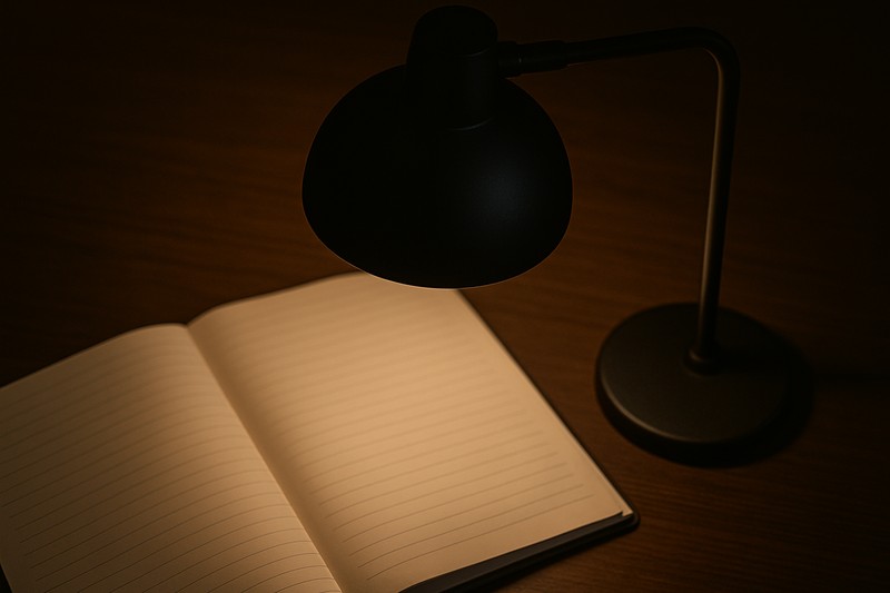 Focused Task Lighting without Glare A close-up of a modern desk lamp with a dark metal shade, casting a perfect circle of light on an open notebook without any glare.