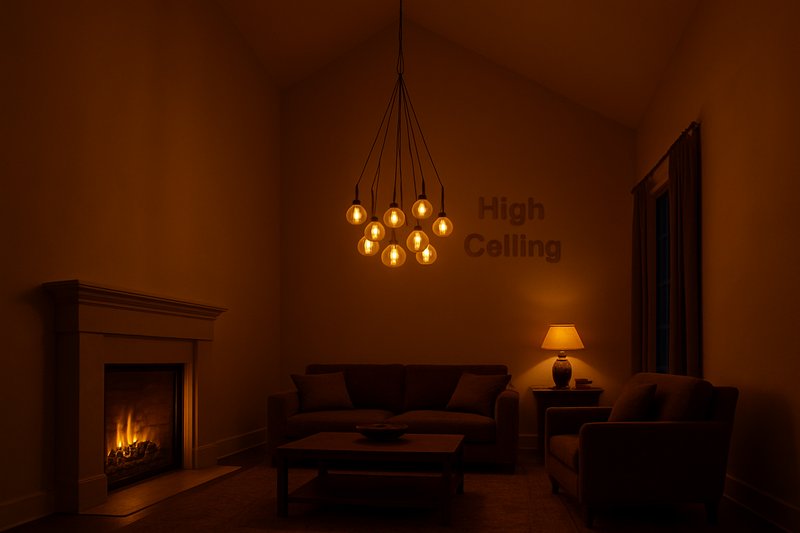 An elegant high-ceiling living room in the evening, with a dimmed Edison bulb chandelier casting a warm, inviting light on the space below.