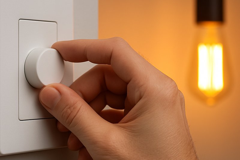 A hand adjusting a modern dimmer switch, with the light from an Omita filament bulb in the background changing from bright to a soft, warm glow.