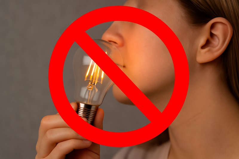 A clear "Do Not" symbol over an image of someone trying to hold a regular LED filament bulb against their face.