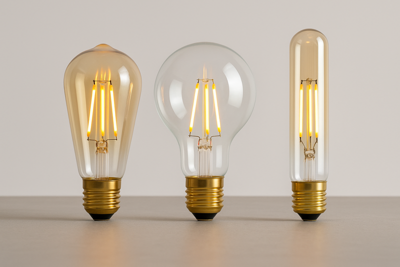 An image comparing different Omita bulb shapes and colors side-by-side: ST64 amber, G95 clear, and T30 tubular.