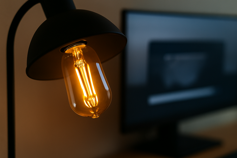 A close-up shot of an Omita ST64 LED Edison bulb glowing warmly in a desk lamp, with a blurry computer monitor in the background