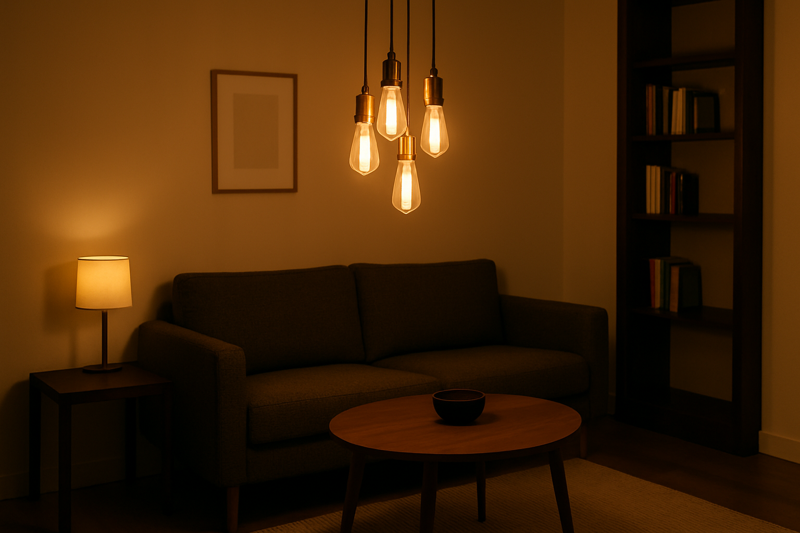Edison Bulbs in a Small Apartment A stylish, small living room where a cluster of hanging Edison bulbs over a coffee table creates a focal point and a cozy atmosphere.