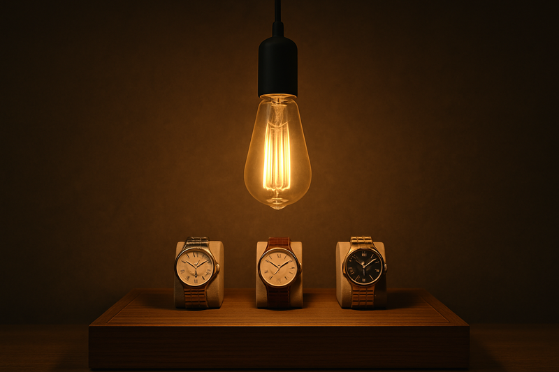 Creating a Focal Point with an Edison Bulb A close-up of a single Omita ST64 Edison bulb hanging directly over a display of luxury watches, creating a "spotlight" effect.