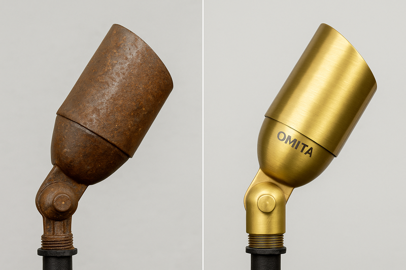 Side-by-side comparison of a rusty, cheap fixture and a new, high-quality brass Omita fixture, highlighting the difference in material durability.