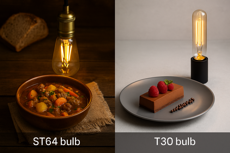 Matching Bulb Style to Food A collage showing a rustic stew with an ST64 bulb, and a modern dessert with a sleek T30 tubular bulb.