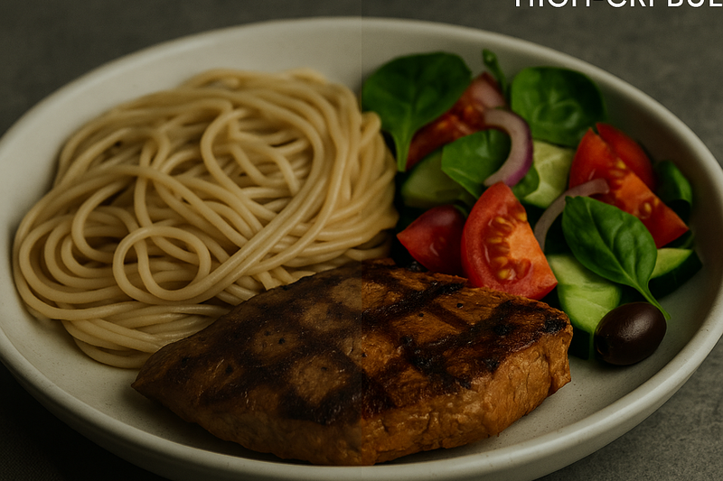 High CRI Makes Materials Look Luxurious A split-image of a plate of food. Under a low-CRI bulb it looks unappetizing. Under Omita's high-CRI bulb, the colors are rich and delicious.