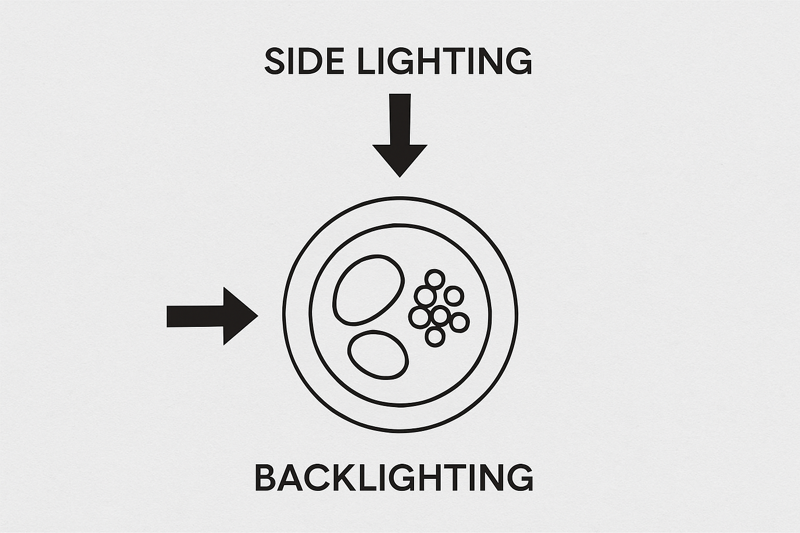 Food Photography Lighting Diagram A top-down diagram showing a food plate with arrows indicating correct side lighting and backlighting positions.
