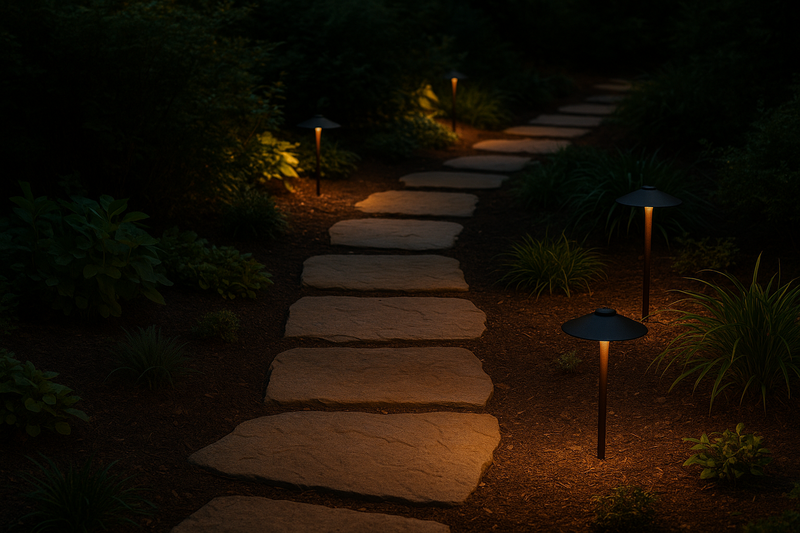 A stone pathway in a garden softly illuminated by strategically placed, low-profile path lights using warm Omita LED bulbs.