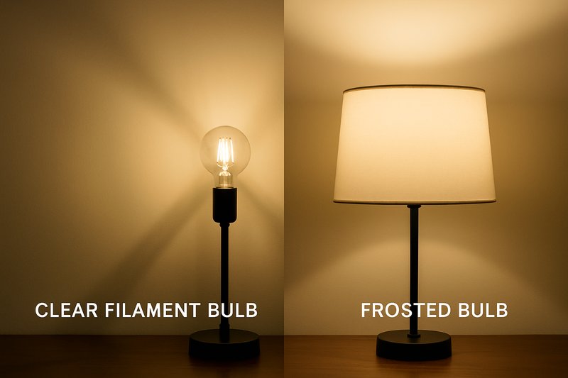 A side-by-side comparison: on the left, a harsh bare clear filament bulb creates sharp shadows. On the right, a frosted Omita A60 bulb in a simple shade creates soft, even, comfortable light.