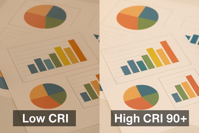 The Difference a High CRI Makes A split-image photo showing colorful charts. On the left (Low CRI), colors are muted. On the right (High CRI 90+), colors are rich and distinct.